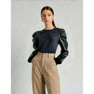 Vivid Womens Long Sleeve Top Black Sz Lg Faux Leather Sleeves Multi-Media Baddie